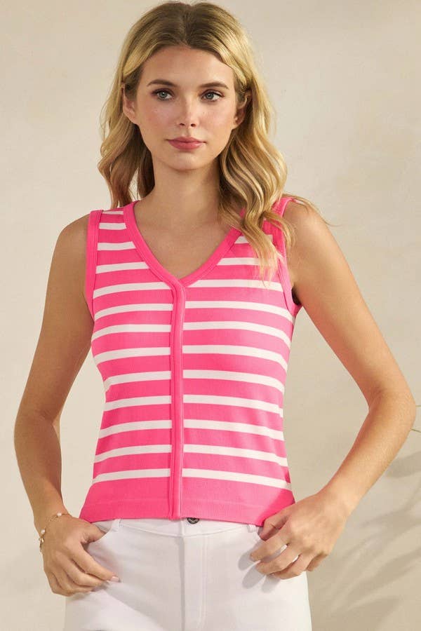 Classic Stripe Seamless Modal V-Neck Cropped Sleeveless Top: Blue / ML