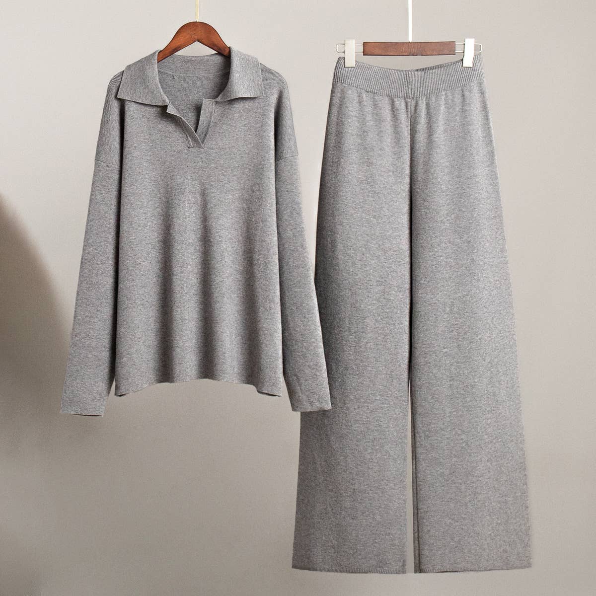 Long sleeve top and long pants sweater set: KHAKI / M