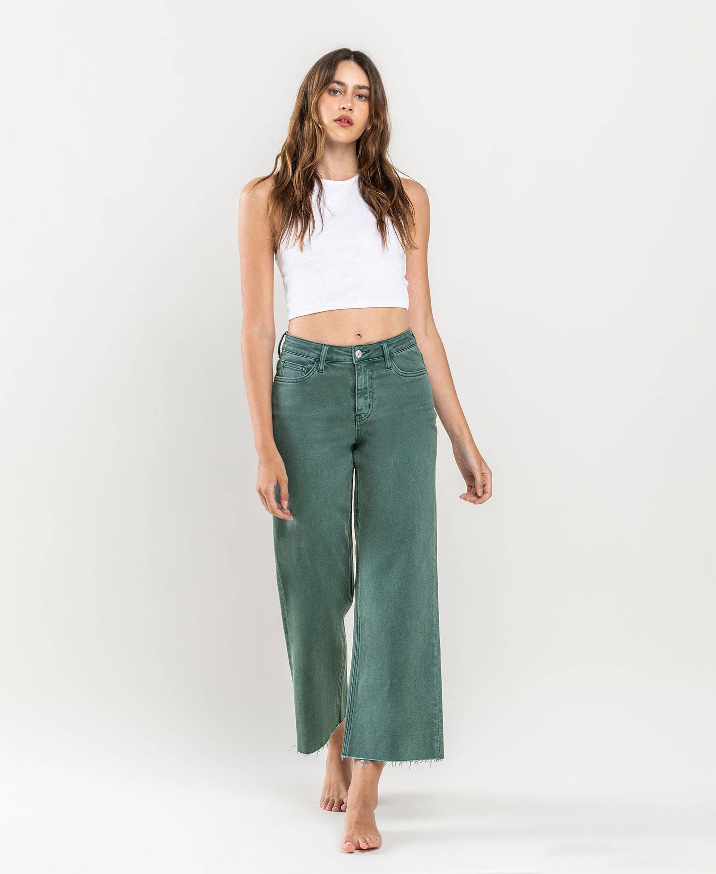 HIGH RISE CROP WIDE LEG JEANS MALLARD GREEN