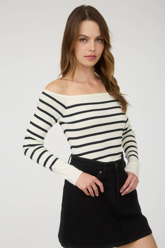 STRIPE OFF THE SHOULDER LONG SLEEVE KNIT SWEATER: IVORY