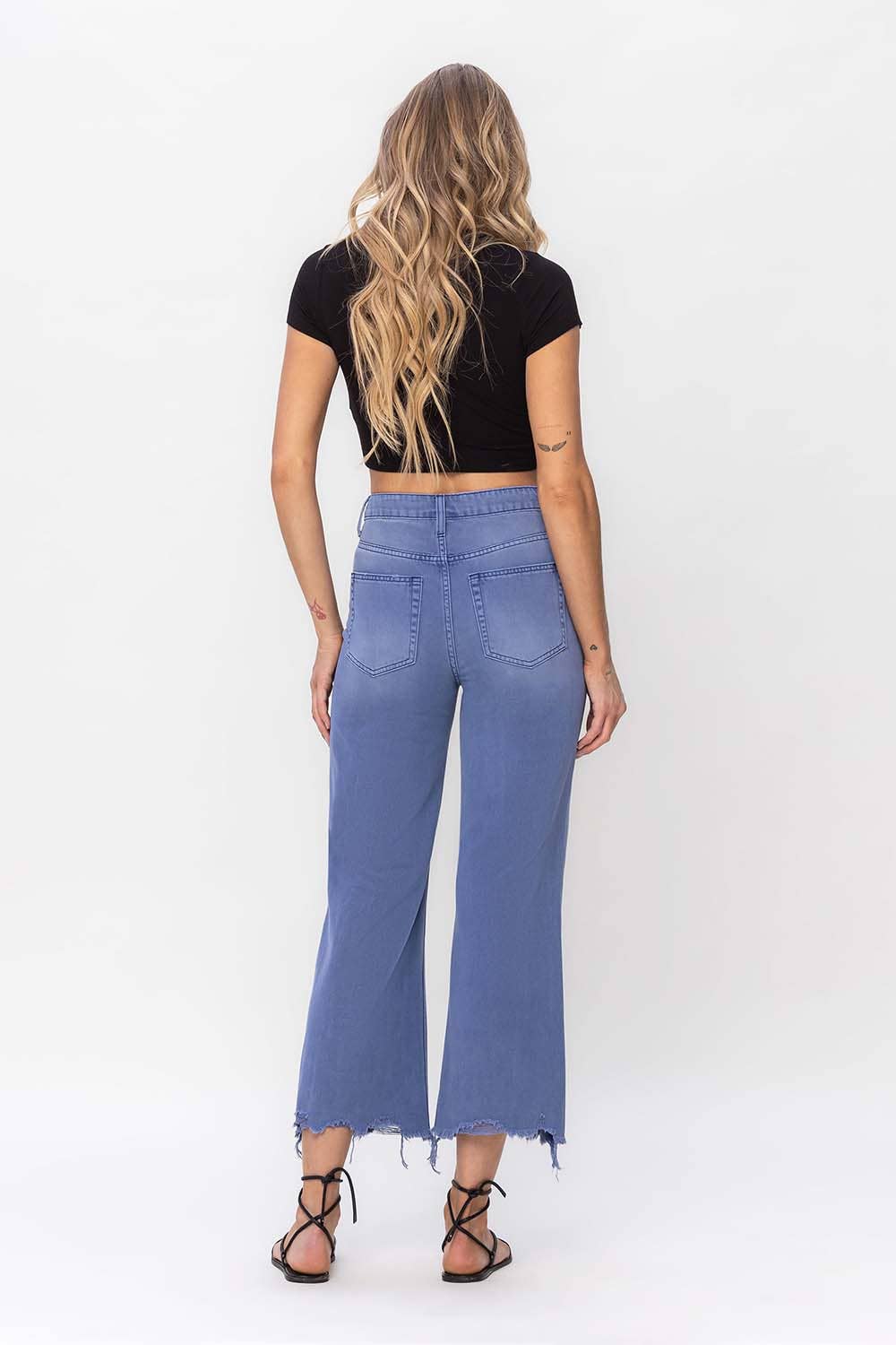 90'S VINTAGE SUPER HIGH RISE CROP FLARE JEANS: INDIGO
