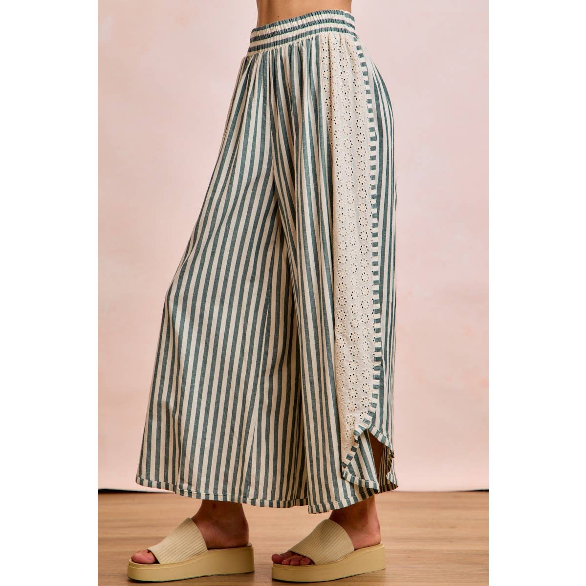FLORAL EYELET SIDE ELASTIC STRIPES WIDE LEG PANTS: LIGHT PINK
