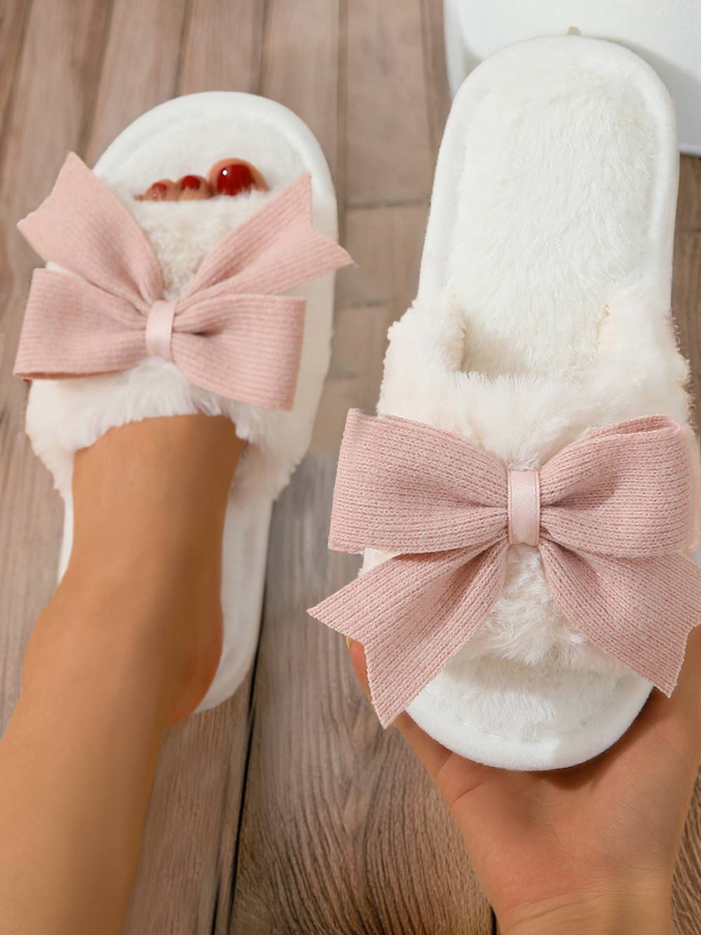 Bow Knot Decor Open Toe Plush Slippers: White / (US 6)37