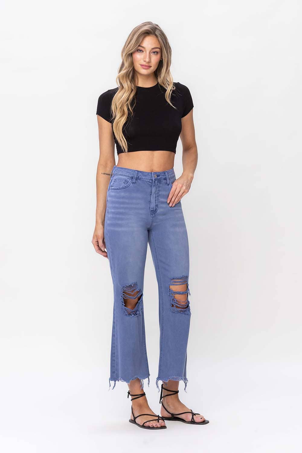90'S VINTAGE SUPER HIGH RISE CROP FLARE JEANS: INDIGO