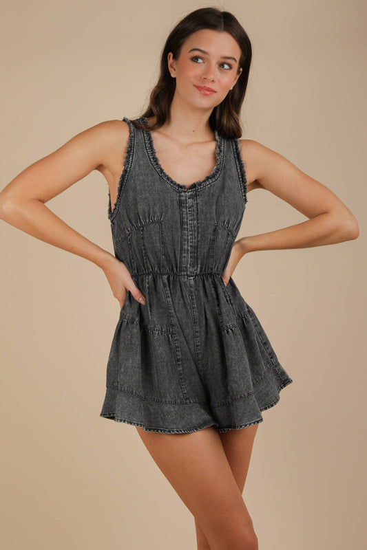 NP70788-Washed Chambray Denim Frayed Romper