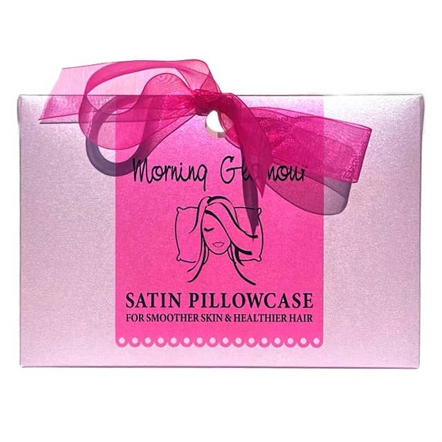Pink Opalescent Gift Box with Bow - QN/STD Satin Pillowcase : Blue floral